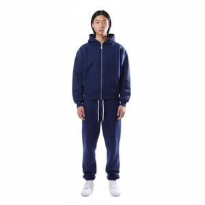 Ensemble de survêtement unisexe en coton 100% respirant, à capuche zippée, coupe ample, taille élastique, poids lourd, style streetwear, pour l'hiver - Product Image 1