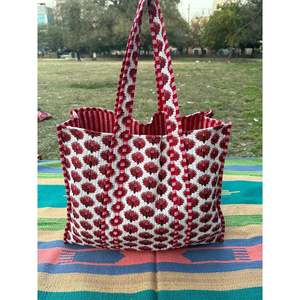 Bolsa de Mano Extra Grande Acolchada de Algodón con Cierre, Ecológica y Resistente, Bolsa de Hombro Abierta para Fin de Semana, Roja y Blanca, para Compras - Product Image 2