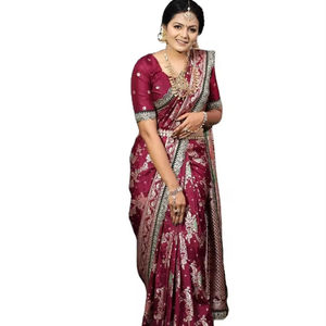 ผ้าส่าหรีผ้าไหมแท้สำหรับงานแต่งงานผ้าส่าหรีลายลูกไม้แฟนซี - Product Image 1