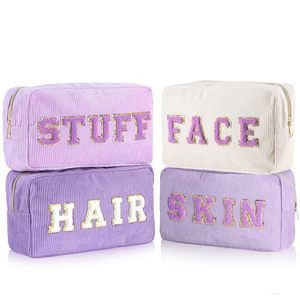 Corduroy Cosmetic <b>Bag</b> Set With Letter Embroidery Zipper Closure For Face Hair Skin Stuff Storage Organizing Makeup Accessories - Product Image 1