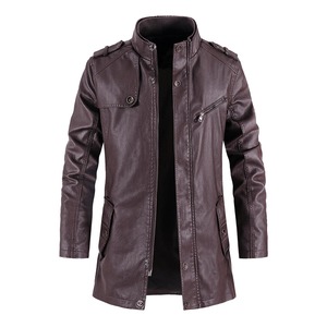 Nuevas chaquetas largas de cuero de invierno para hombre, rompevientos con cuello levantado, abrigos de cuero cálidos informales para motocicleta, ropa para hombre - Product Image 1