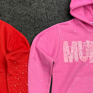 100% algodón 400 GSM Heavy Weight Hoodie Blank Mens pullover Hooded Vintage Winter Full Rhinestones Hoodies - Product Image 5