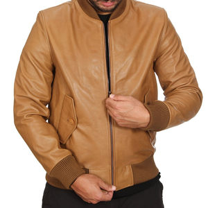 Chaqueta Bomber Original de piel de oveja tostada de alta calidad para hombre 100%, soporte marrón claro, capucha totalmente personalizada, bolsillo con cremallera para motorista - Product Image 1