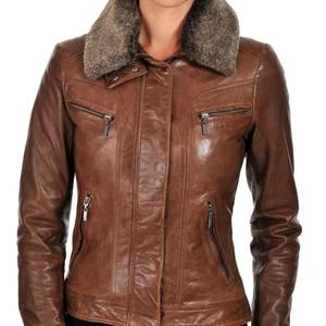 Veste en cuir de mouton véritable marron pour femme avec col en fourrure chaud hiver vêtements d'extérieur élégants manteau à la mode fabriqué au Pakistan - Product Image 1
