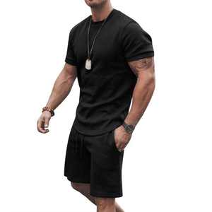 เสื้อยืดและกางเกงขาสั้นผ้าฝ้ายน้ำหนักเบาพิมพ์โลโก้ได้ตามต้องการชุดคู่แฝดแบบเรียบสำหรับผู้ใหญ่ผู้ชาย - Product Image 3