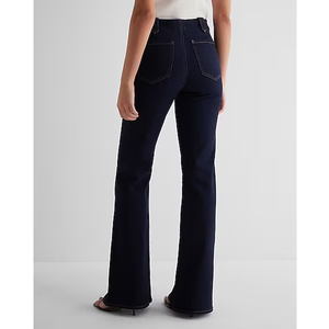 Piernas anchas moda cintura media último Color sólido atado pantalón acampanado cierre de cremallera campana inferior transpirable Jeans para mujeres - Product Image 3