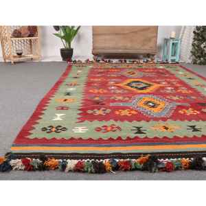 Grand tapis turc de 5,5 x 7,8 pieds, tapis vintage, tapis en laine rayé rouge et vert - Product Image 5