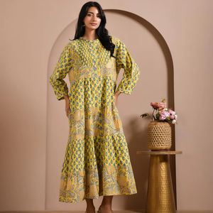 Jaipur <b>Block</b> <b>Print</b> Cotton Dress Custom Label Tiered Style Dress Custom Label Women Apparel Supplier India OEM Production - Product Image 1