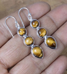 Pendientes colgantes bohemios de Plata de Ley 925 hechos a mano con bisel multiforma ajuste Ojo de Tigre marrón moda fina al por mayor para mujer - Product Image 1
