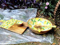 Nouvel Arrivage – Ensemble de Service 3 Pièces en Bois Fait Main, Imprimé Citron Bohème Personnalisé, Écologique, 1000 ml, pour Salades de Fruits et Mélange de Plats de Fête
