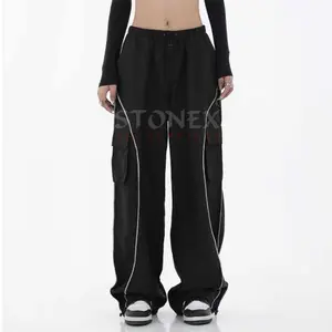 Streetwear Pockets High Waisted Sports Drawstring Cargo Black Long Trouser For Women 2023