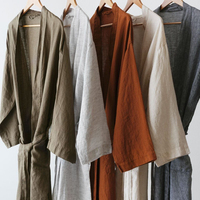 Robe kimono en lin beige, peignoir décontracté, vêtement de nuit grande taille, coupe ample d'été avec ceinture, idéal pour les vacances
