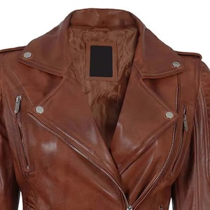 Women's Brown Genuine Leather Hooded <b>Biker</b> <b>Jacket</b> With Zipper Closure Full Sleeve Motorcycle Style Autumn Wear - Product Image 5