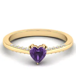Forma Do Coração Diamante Natural Ametista Gemstone Ring Sólido Ouro Amarelo Banhado a Ródio Anel De Pedra Único Para Fornecedor Por Atacado