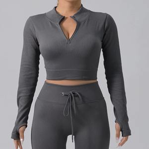 Custom Wholesale Women Sports Crop Top Long Sleeve <b>Yoga</b> Wear Running Fitness Workout <b>T</b> <b>Shirt</b> Zipper Crop Top - Product Image 4