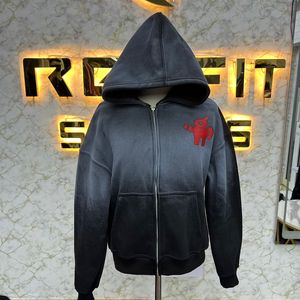 Tendencia Moda Fabricante profesional Cremallera Sudadera con capucha Rhinestone Zip up Jacket Vintage Washed Men Fleece Streetwear Hoodie - Product Image 4