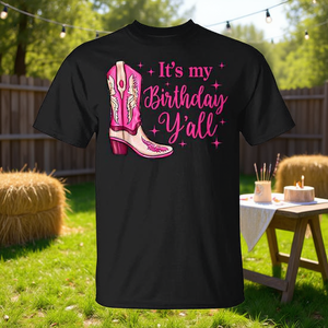 Maglietta Promozionale Regalo per il Compleanno dei Fan del Western e delle Cowgirl: 'Happy Birthday Y'all' - Product Image 3