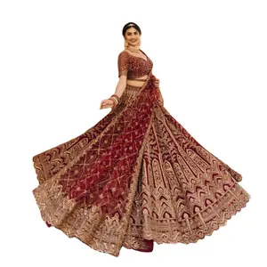 DESIGNER WEAR BRIDA FANCY RENDING BEAUTIFUL BRIDAL MAROON CORDING DORI WORK COMBINATION ITS CLASSY UR LOOK LEHENGA CHOLI WITH D