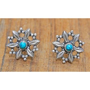 Boucles d'oreilles en argent sterling 925 de style vintage Turquoise Goujons de fleurs délicates avec pierre précieuse turquoise véritable - Product Image 4