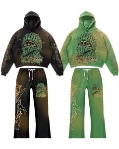 Ensemble de survêtement rétro d'hiver en édition limitée, sweat-shirt à capuche court, pantalon de survêtement évasé, broderie délavée, 100% - Product Image 4