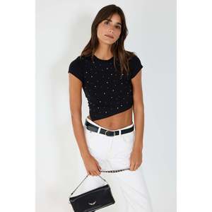 Blusa Informal Asimétrica con Adornos de Piedras y Logotipo Frontal, 100% Algodón, Manga Corta - Product Image 1