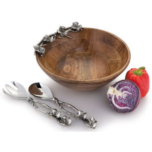 Cuenco de diseño antiguo para servir, cuenco de madera de acacia con Plato decorativo de diseño de Rosa plateada de Metal para decoración de mesa de comedor, ensaladera - Product Image 5