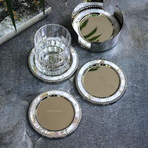 Round Shape Metal Mother of Pearl Drink Serving <b>Coaster</b> With Holder <b>Silver</b> Plated for Tabletop Drinks Serving <b>Coaster</b> - Product Image 1