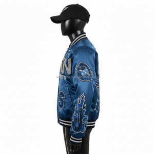 Chaquetas de Satén Premium para Mujer, Tela Lisa y Brillante, Diseño de Paneles Múltiples en Azul, con Logotipo Personalizado Bordado y Parches - Product Image 3