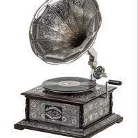 Gramophone artisanal indien, pièce maîtresse en bois et en laiton, style antique/vintage, pour la décoration de table