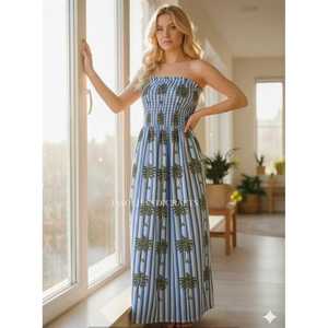 Handmade Cotton A-Line <b>Dress</b> <b>Strapless</b> with Elastic Waist Blockprint Design Boho <b>Summer</b> Style Breathable XL Fit for Leisure - Product Image 1
