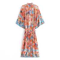Robe Kimono Bohème Élégante à Col en V pour Femme, Légère, Longue, Imprimée, en Nylon Doux, avec Ceinture, Idéale pour les Vacances et comme Vêtement de Nuit