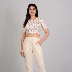 White Rayon Ikat Printed <b>2</b> <b>Piece</b> Summer Set O-Neck Three Quarter Sleeves Regular Fit Eco-Friendly Light Comfort Wear - Product Image 1