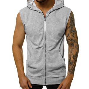 Hot Selling Customized Men's Winter Gym Wear Sleeveless Full Zip up Hoodie with Heavyweight Zipper Grey Colour Plain Dyed - Product Image 2