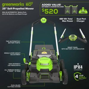 La meilleure offre : tondeuse à gazon autotractée Greenworks 60V 25 pouces avec (2) batteries 4,0 Ah et chargeur rapide - Product Image 4