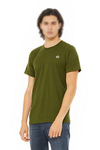 T-shirt en jersey de coton bio poli vert olive pour homme, col rond, manches courtes, couleur unie, streetwear décontracté, vente en gros - Product Image 2