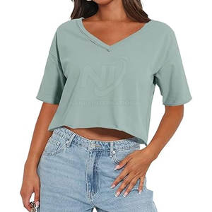 Top corto con cuello en V para mujer de calidad superior, ligero y duradero, 100% algodón para ropa informal de verano - Product Image 1