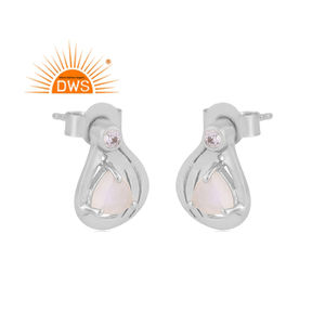 Pendiente de tuerca de piedras preciosas de piedra de Luna y circonita cúbica Natural de plata de ley superventas, joyería personalizada para mujer, regalo para ella - Product Image 1