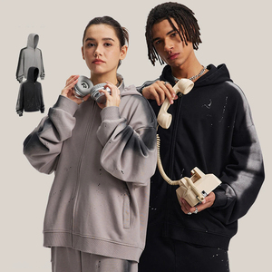 Survêtements en molleton de polyester délavé au soleil personnalisés, style streetwear, respirants, solides, d'hiver, style ample, fermeture éclair, sweats à capuche - Product Image 3
