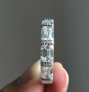 East West Emerald Cut <b>Silver</b> Moissanite Engagement <b>Wedding</b> <b>Band</b> Bridal Full Eternity U Prong Hidden Halo Party Wear Anniversary - Product Image 4
