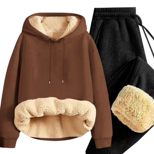 ชุดวอร์มฮู้ดดี้บุขนแกะสีน้ำตาลพร้อมกางเกงจ็อกเกอร์อุ่นๆ สำหรับผู้ชายและผู้หญิง เสื้อผ้ากีฬาลำลองหนานุ่มสำหรับฤดูหนาว ขายส่งแบบ OEM - Product Image 5