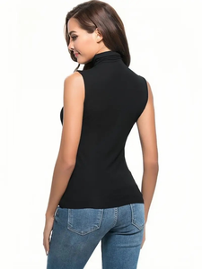 T-shirts sans manches à col montant pour femmes, coupe ajustée, en spandex imprimé, hauts superposables extensibles, printemps/automne, noir et blanc, lavables en machine - Product Image 4