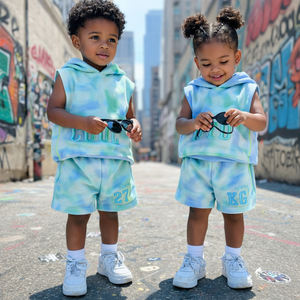 Conjunto de Ropa Urbana para Niños de Marca Propia, Sudadera sin Mangas con Estampado Tie Dye y Pantalones Cortos, Conjunto de Dos Piezas para Niños de Verano - Product Image 1