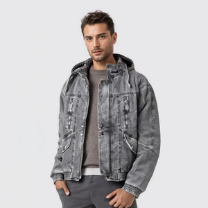 Nouvelle veste en jean pour homme grande taille personnalisée, col montant, délavée et usée - Product Image 1