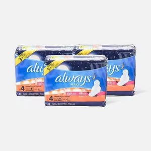 Toallas Femeninas Always Maxi Tamaño 4 Absorbencia Nocturna 48 Unidades X 3 Paquetes (144 Unidades en Total) Paquete Múltiple para Mujer con Alas Sanitarias - Product Image 1
