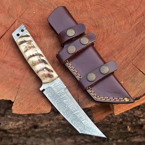 Couteau Tanto à lame fixe en acier Damas de qualité industrielle, fabrication OEM, style nordique, manche en corne de biche, lame pleine, pour la chasse, le camping et le transport - Product Image 3
