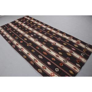 Vintage Kilim <b>Rug</b> 4,4x9 ft, <b>Black</b> Red Abstract Wool Turkish <b>Rug</b> - Product Image 2