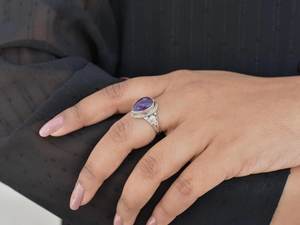 Anillo de amatista de cabujón clásico, joyería de piedras preciosas hechas a mano de Plata de Ley 925, anillo de plata de moda estampado de plata 925 - Product Image 2