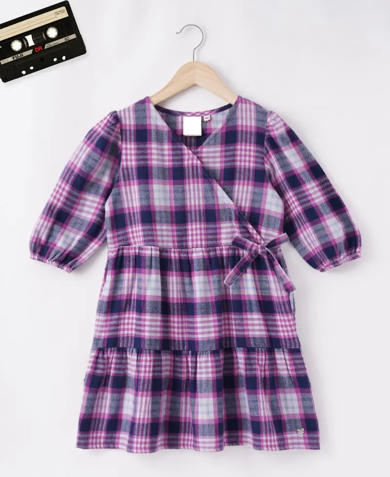 Wholesale Kids Clothes Casual Custom Girls Wrap Dress With A Tie-Up Buttons And Check Print Tired Kids Dress