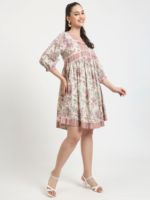 Robe d'été décontractée Sati Factory, imprimé floral, col en V, manches 3/4, taille naturelle, rose et blanc, 100 % coton tissé, coupe ample