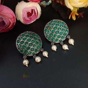 Stone Work Oxidised <b>Silver</b> Stone Work Round <b>Stud</b> Earrings for Casual Party Wear Handmade Bulk Product - Product Image 5